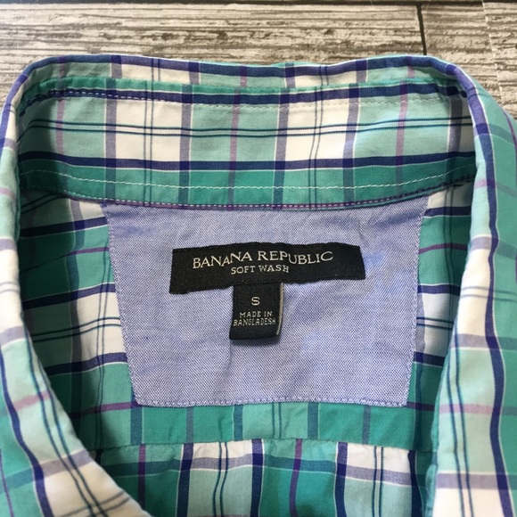 Banana Republic Soft Wash Plaid Button Shirt Men’s S Teal White 100% Cotton - Picture 8 of 9